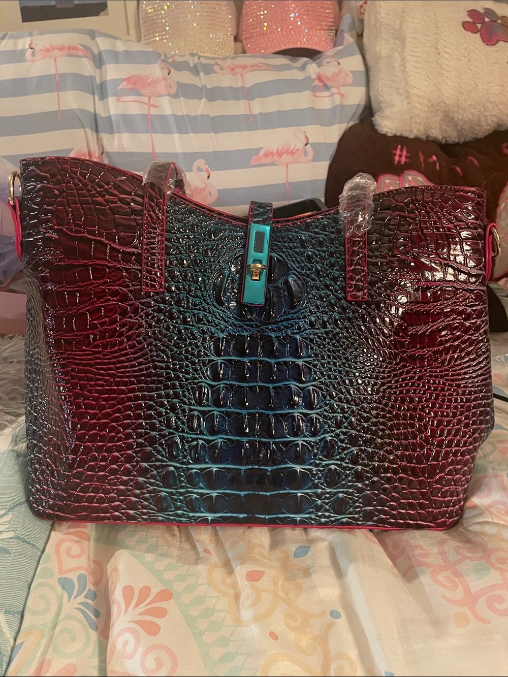 Women’s Ombre Croc-Embossed Tote Bag in Teal and Burgundy